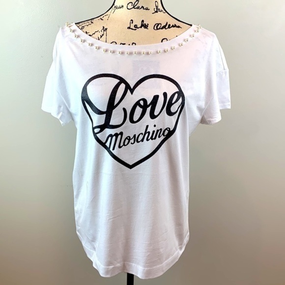 Authentic Love Moschino Faux Pearl Embellished Glittered Tee NWT - Picture 12 of 14